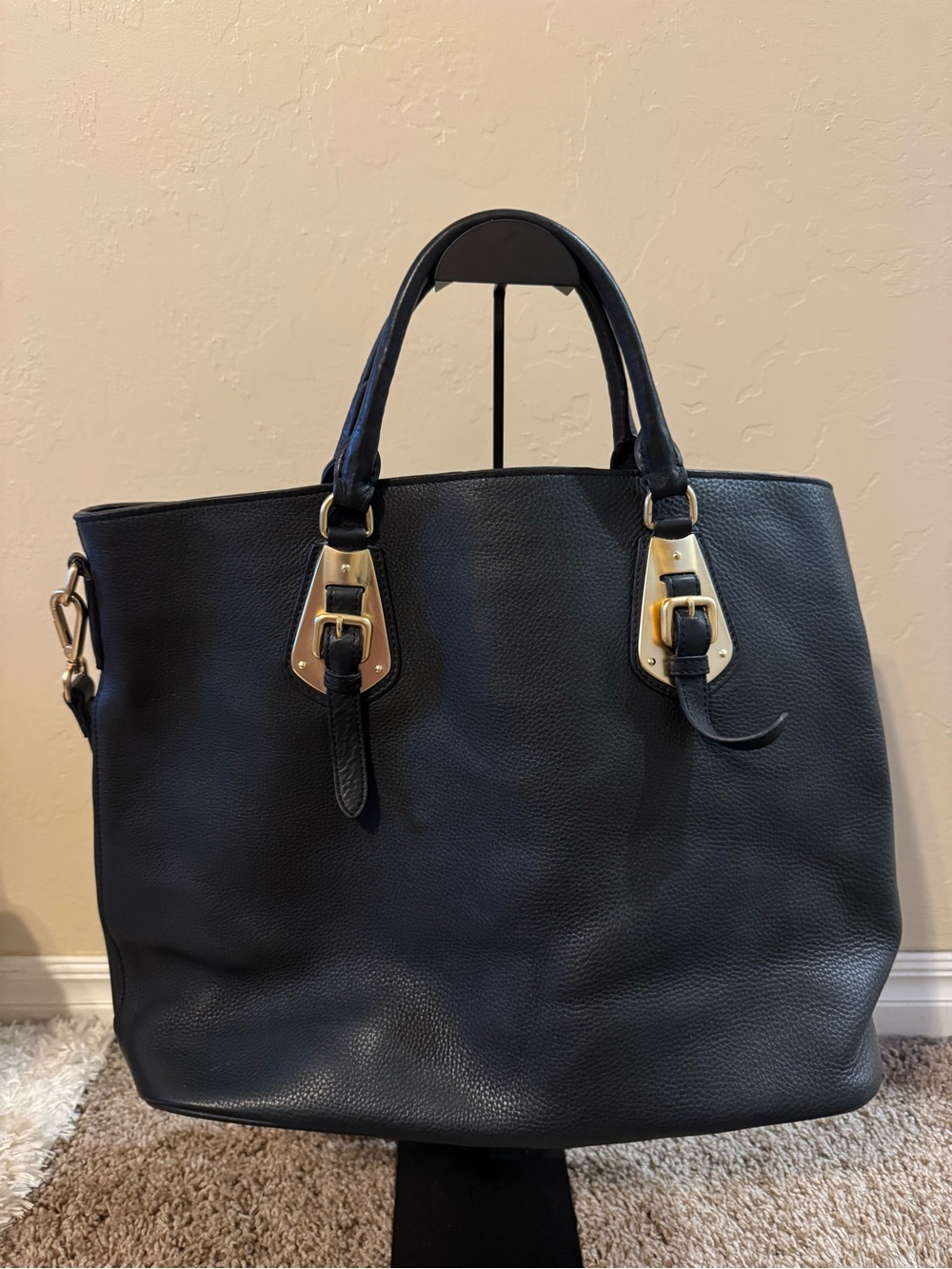 Prada Black Leather Tote with Gold-Tone Buckle Accents - Picture 4 of 12